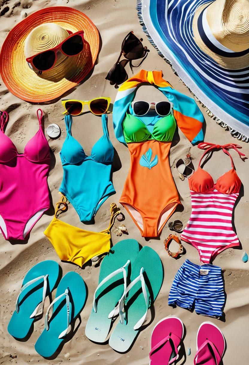 A vibrant beach scene showcasing an array of colorful beachwear, including stylish monokinis and tankinis displayed on a sandy shore. Sunlight sparkles off the ocean waves in the background, while beach accessories like sunglasses and flip-flops are artistically arranged nearby. The mood is lively and summery, inviting viewers to explore the latest trends. Bright, tropical colors capture the essence of summer fashion. super-realistic. vibrant colors. beach backdrop.