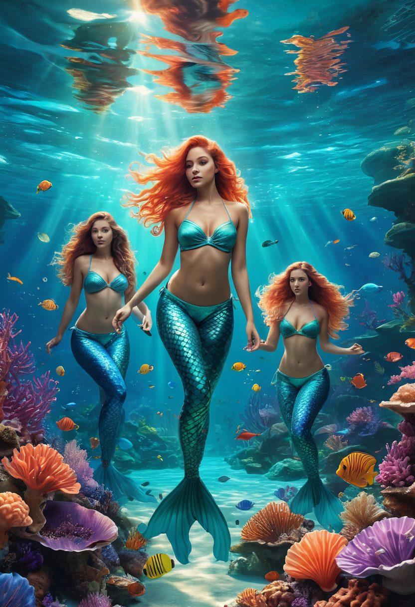 A mystical underwater scene featuring a diverse group of fashionable mermaids showcasing trendy swimwear. Each mermaid has vibrant, flowing hair and accessories like seashell jewelry and stylish swim fins. Colorful coral reefs and playful fish surround them, creating a lively underwater atmosphere. Sunlight filters through the water, adding a dreamy effect to the scene. bright and colorful. super-realistic. aquatic theme.